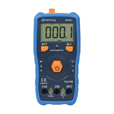 Mercury MTS01 smart digital multimeter with True RMS, blue rubber holster, orange SEL power button, LCD display and three input ports.