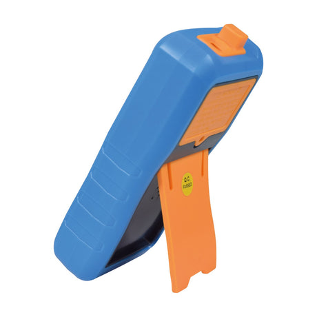 Rear view of the Mercury MTS01 Smart Digital Multimeter in a blue shockproof rubber holster with orange flip-out stand, on a white background.