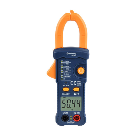 Mercury CMTS01 Smart Digital Clamp Multimeter in blue and orange with LCD display showing 50.44 Hz, COM and INPUT ports, on a white background.