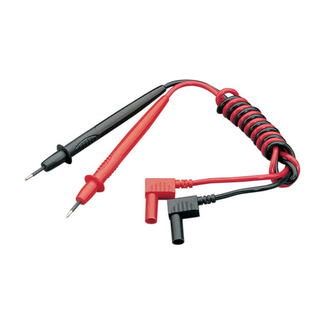 Mercury 1000V multimeter test leads by AVSL, a matched red and black pair with insulated probe tips and right-angle plugs, shown on a white background.