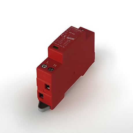 Schuller Surge Protector Mono 15kA, red DIN-rail mounted single-phase type 2 unit with L and N screw terminals and status indicator, on white background.