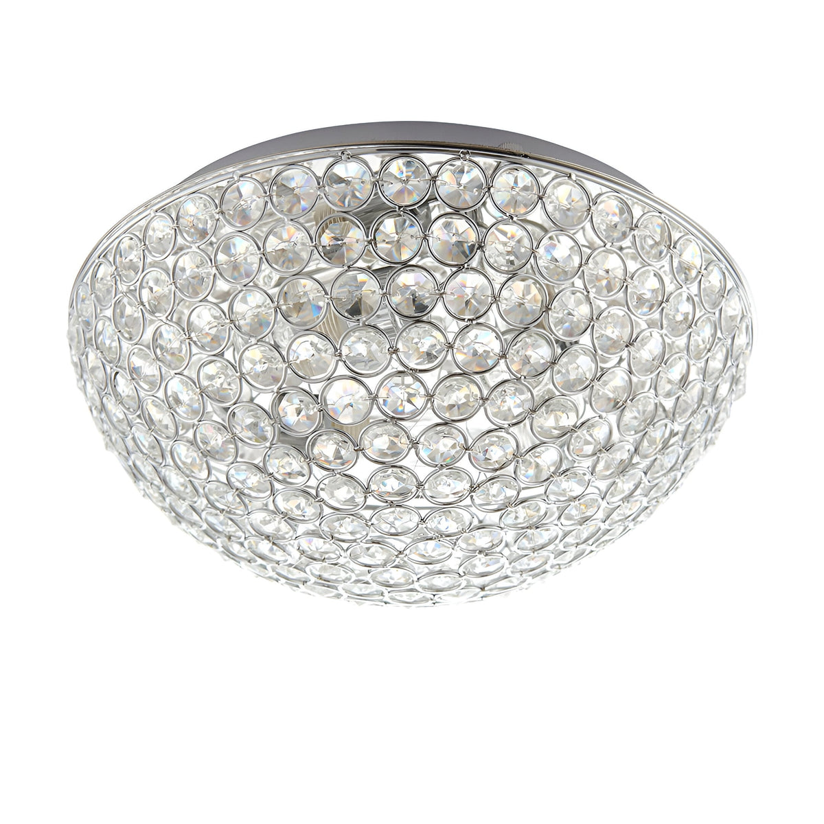 Endon Cordelia 3 light flush bathroom ceiling light with domed faceted crystal shade and chrome trim, shown against a plain white background.