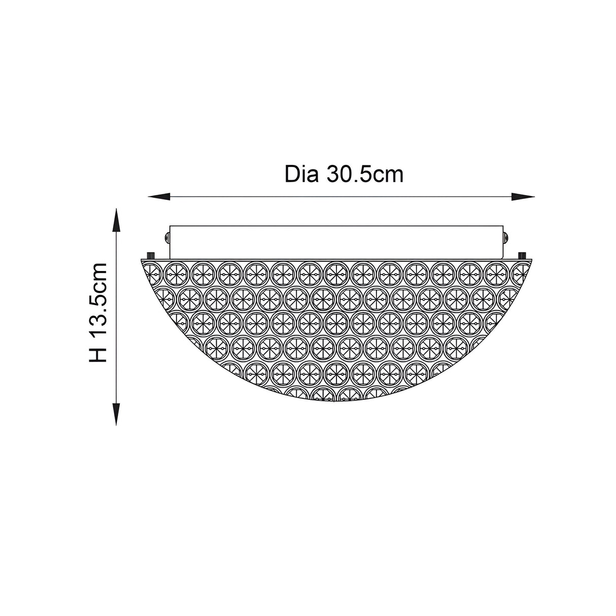 Dimension diagram of the Endon Cordelia 3 light crystal flush bathroom ceiling light in chrome, showing 30.5cm diameter and 13.5cm height.