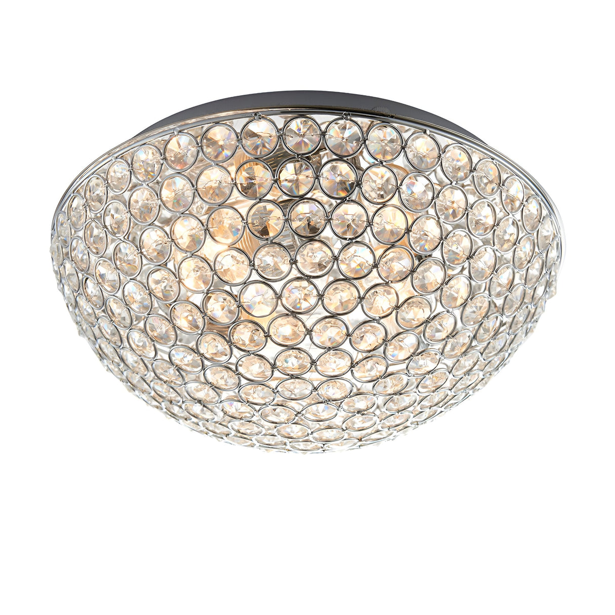 Endon Cordelia 3 light flush bathroom ceiling light with domed faceted crystal shade and chrome trim, illuminated on a plain white background.