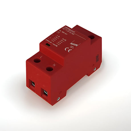 Schuller Surge Protector Mono 40kA, a red DIN-rail mounted single-phase type 2 module with L and N terminals, shown on a plain white background.