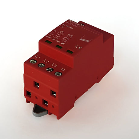 Schuller Surge Protector Trif. 15Ka, red three-phase DIN-rail module with L1, L2, L3 and N screw terminals, shown on a plain white background.