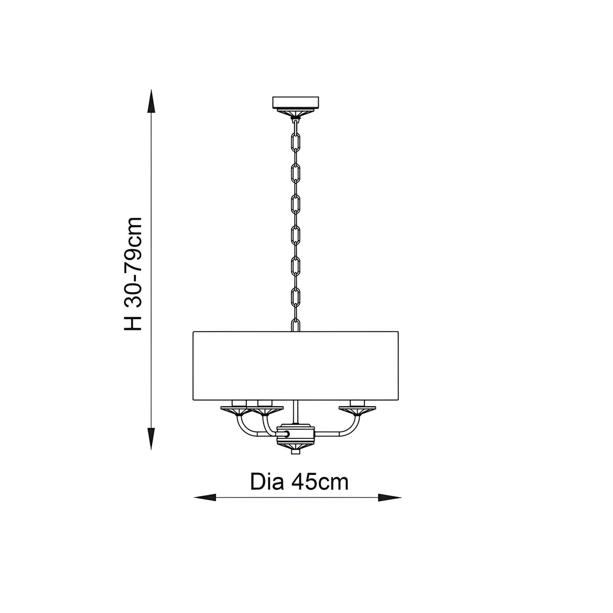 Line drawing of Endon Castdon 3 Light Pendant showing chain suspension, drum shade and three arms, with height 30-79cm and 45cm diameter noted.