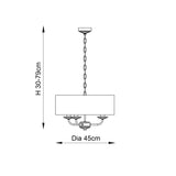 Line drawing of Endon Castdon 3 Light Pendant showing chain suspension, drum shade and three arms, with height 30-79cm and 45cm diameter noted.