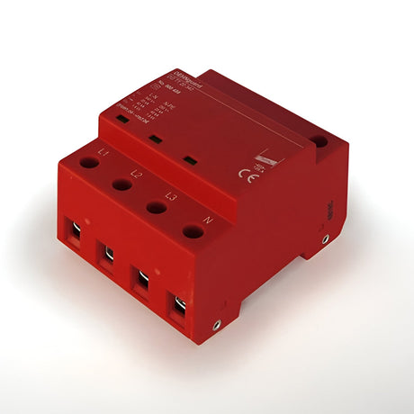 Schuller three-phase surge protector in red casing with L1, L2, L3, and N terminal ports, DIN-rail mount, shown on a plain white background.