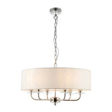 Castdon 6 Light Pendant in nickel, with white drum shade and six curved arms holding crystal accents, on a chain suspension, plain white background.