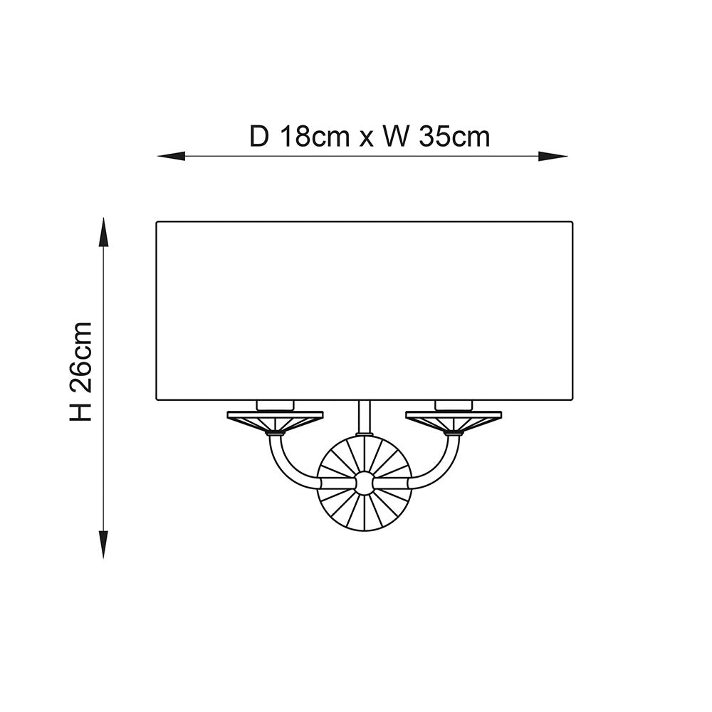 Line drawing of the Castdon 2 Light Wall Light in nickel and white with a semi-circular fabric shade above twin lamp arms, D18cm x W35cm x H26cm.