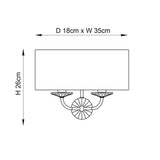 Line drawing of the Castdon 2 Light Wall Light in nickel and white with a semi-circular fabric shade above twin lamp arms, D18cm x W35cm x H26cm.