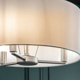 Close-up of the Endon Bexley 3 light pendant showing brushed nickel triple-arm fitting beneath a large vintage white faux silk drum shade.