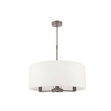 Endon Bexley Large 3 light pendant with a wide vintage white faux silk drum shade and brushed nickel fittings, shown on a plain white background.