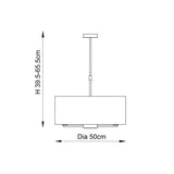 Technical line drawing of the Endon Bexley 3 light pendant showing adjustable height 39.5-65.5cm and 50cm diameter shade on a white background.