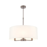 Endon Bexley large 3-light pendant with a white faux silk drum shade and brushed nickel rod suspension, shown on a plain white background.