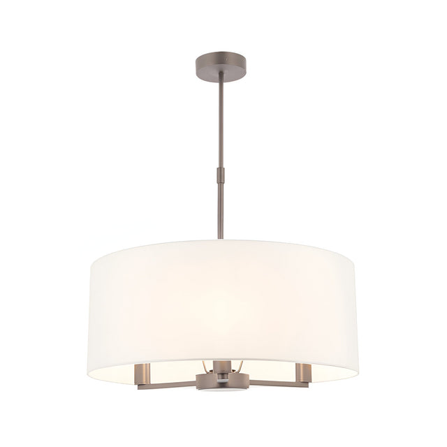 Endon Bexley large 3-light pendant with a white faux silk drum shade and brushed nickel rod suspension, shown on a plain white background.