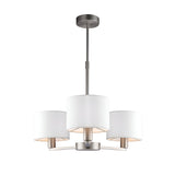 Bexley 3 Light Pendant in matt nickel, with three curved arms holding white drum shades on an adjustable rod, shown on a plain white background.