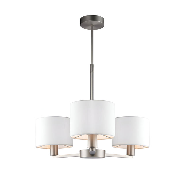 Bexley 3 Light Pendant in matt nickel, with three curved arms holding white drum shades on an adjustable rod, shown on a plain white background.