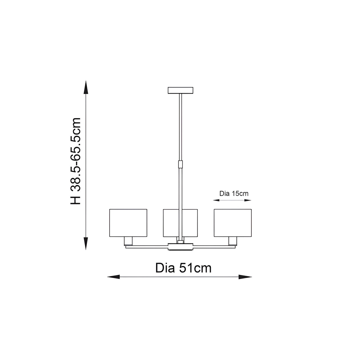 Technical line drawing of the Bexley 3 Light Pendant in nickel, showing three curved arms with cylindrical shades, height 38.5-65.5cm and 51cm diameter.