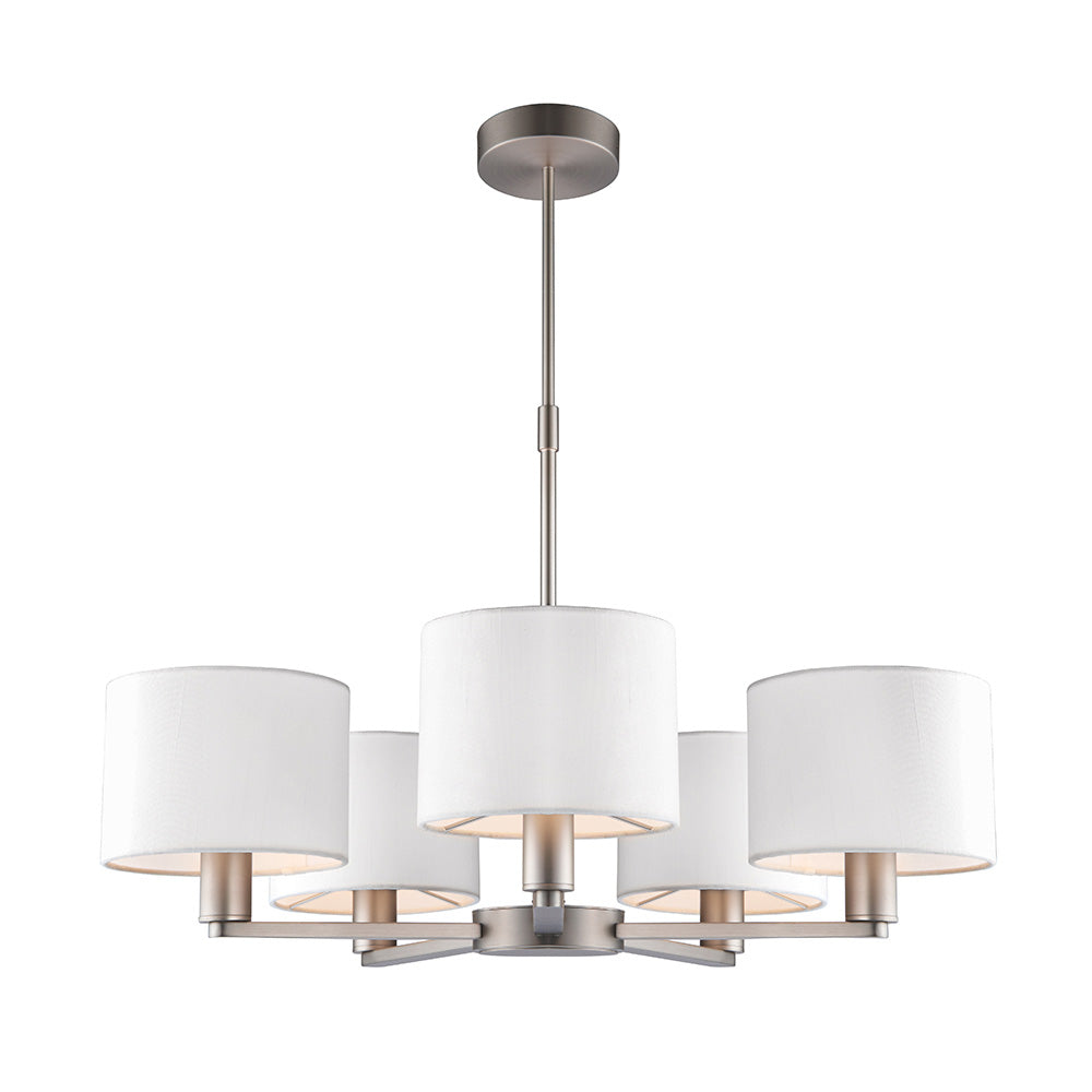Bexley 5 Light Pendant in matt nickel, five arms with white faux silk drum shades on an adjustable rod, shown on a plain white background.