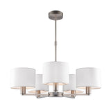 Bexley 5 Light Pendant in matt nickel, five arms with white faux silk drum shades on an adjustable rod, shown on a plain white background.