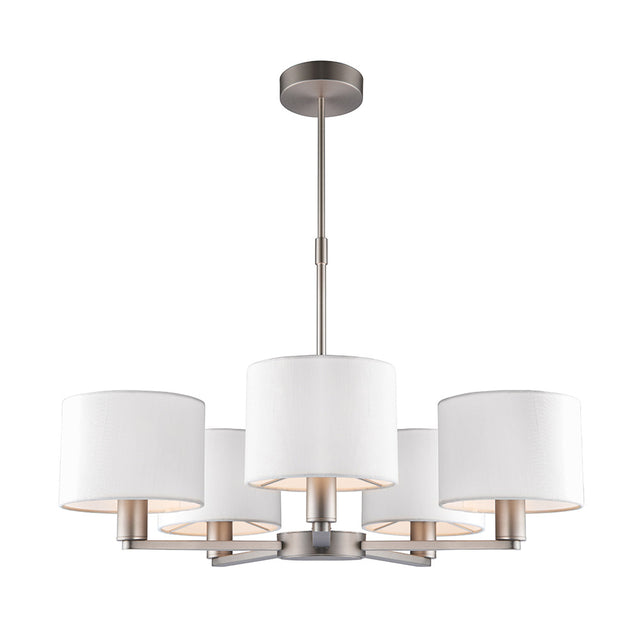 Bexley 5 Light Pendant in matt nickel, five arms with white faux silk drum shades on an adjustable rod, shown on a plain white background.