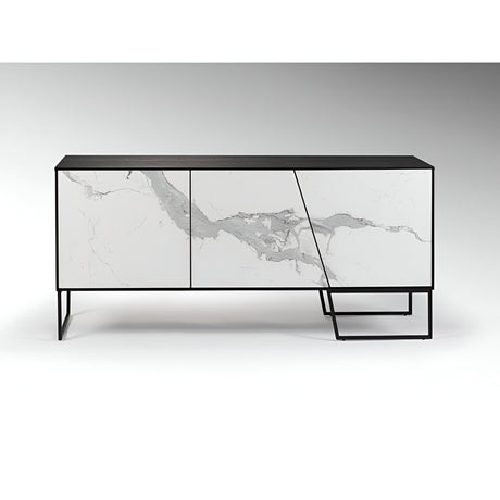 Schuller Kerala three-door sideboard with white marble-effect ceramic panels, black ash top and matte black metal frame base on a plain background.