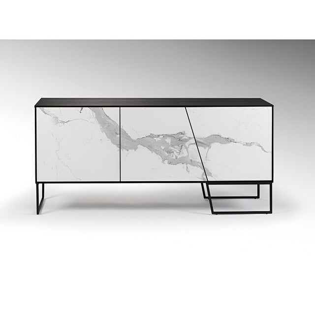 Schuller Kerala three-door sideboard with white marble-effect ceramic panels, black ash top and matte black metal frame base on a plain background.