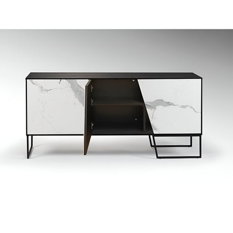 Schuller Kerala 160cm sideboard with black ash frame, marble-effect ceramic doors and matte black metal base, centre door open showing internal shelving.