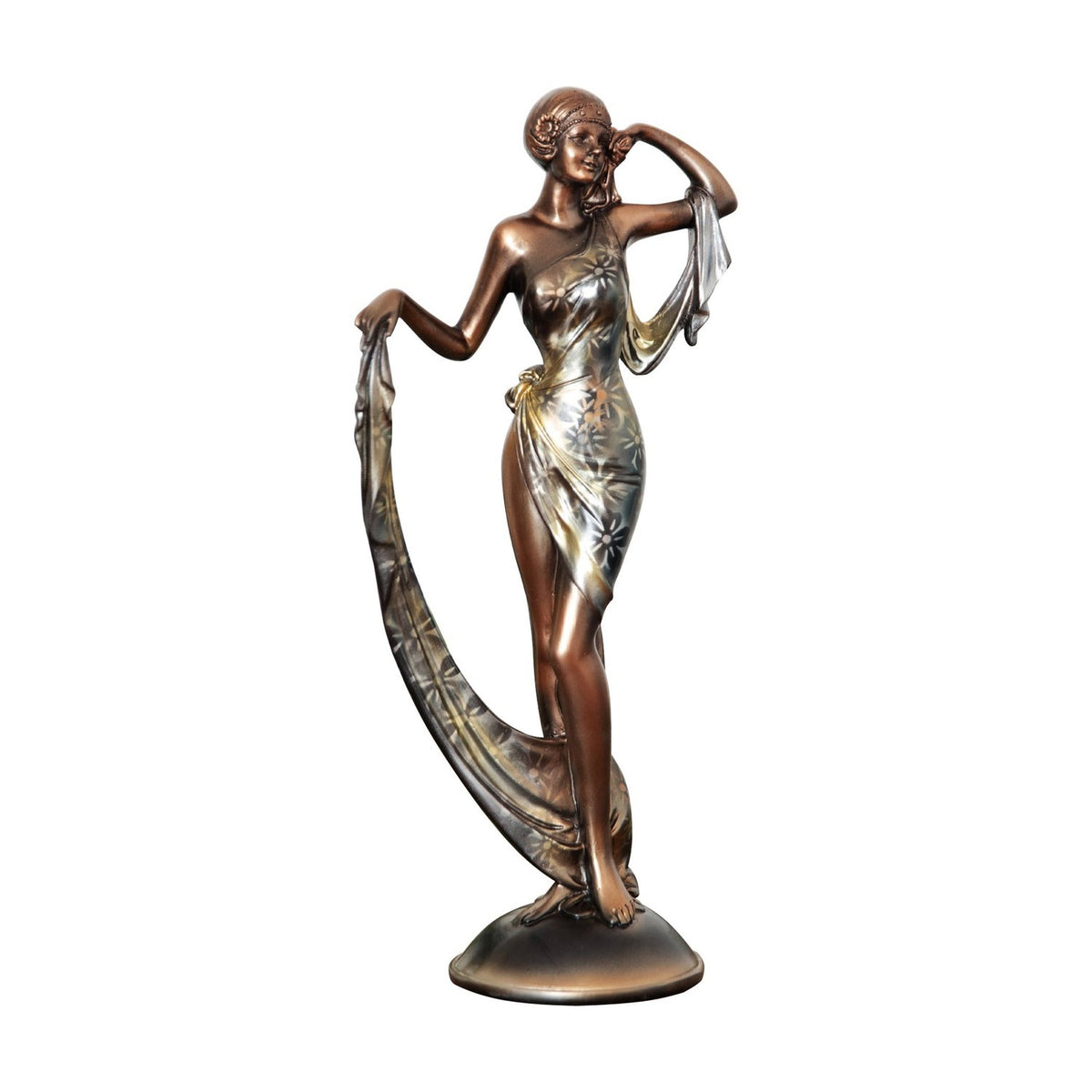 Bronze resin figurine of a lady in a one-shoulder floral draped gown, one hand raised to her temple, the other sweeping the patterned train to her feet, on a plain white background.