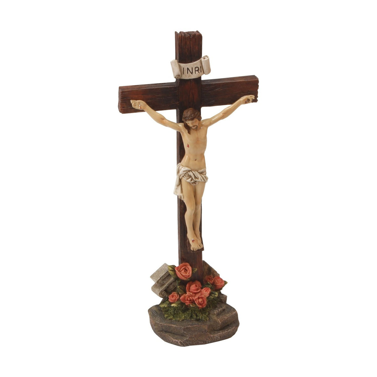 Jesus on Cross Hand Painted Resin Figurine 26cm - Brown