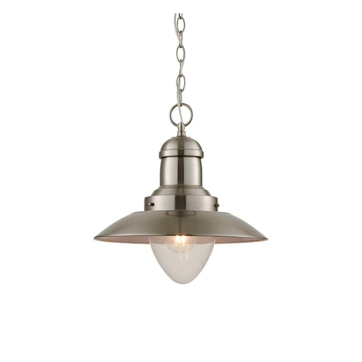 Endon Carlbury fisherman-style pendant light in satin nickel with a tapered metal shade, clear glass cover and chain suspension, on a white background.