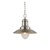 Endon Carlbury fisherman-style pendant light in satin nickel with a tapered metal shade, clear glass cover and chain suspension, on a white background.