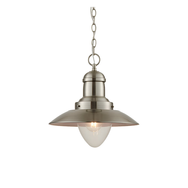 Endon Carlbury fisherman-style pendant light in satin nickel with a tapered metal shade, clear glass cover and chain suspension, on a white background.