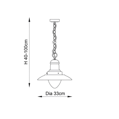 Dimension diagram of the Endon Carlbury satin nickel pendant light showing 40–100cm adjustable height and 33cm shade diameter on a plain background.