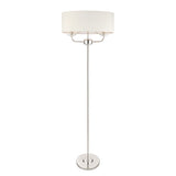 Endon Castdon 2 light floor lamp with slim nickel stem, oval white faux silk shade and K9 crystal detailing, on a plain white background.