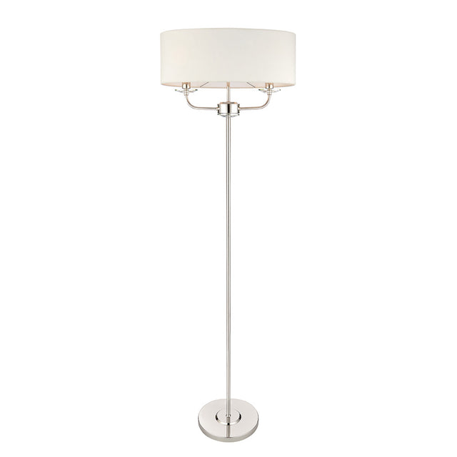 Endon Castdon 2 light floor lamp with slim nickel stem, oval white faux silk shade and K9 crystal detailing, on a plain white background.