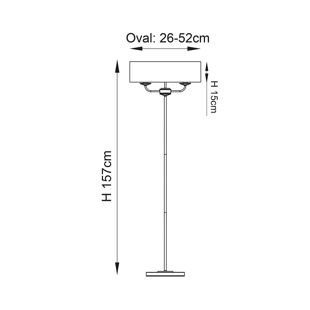 Endon Castdon 2 light floor lamp technical diagram showing 157cm height, 15cm shade depth and oval shade width of 26-52cm on a white background.