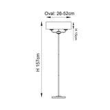 Endon Castdon 2 light floor lamp technical diagram showing 157cm height, 15cm shade depth and oval shade width of 26-52cm on a white background.