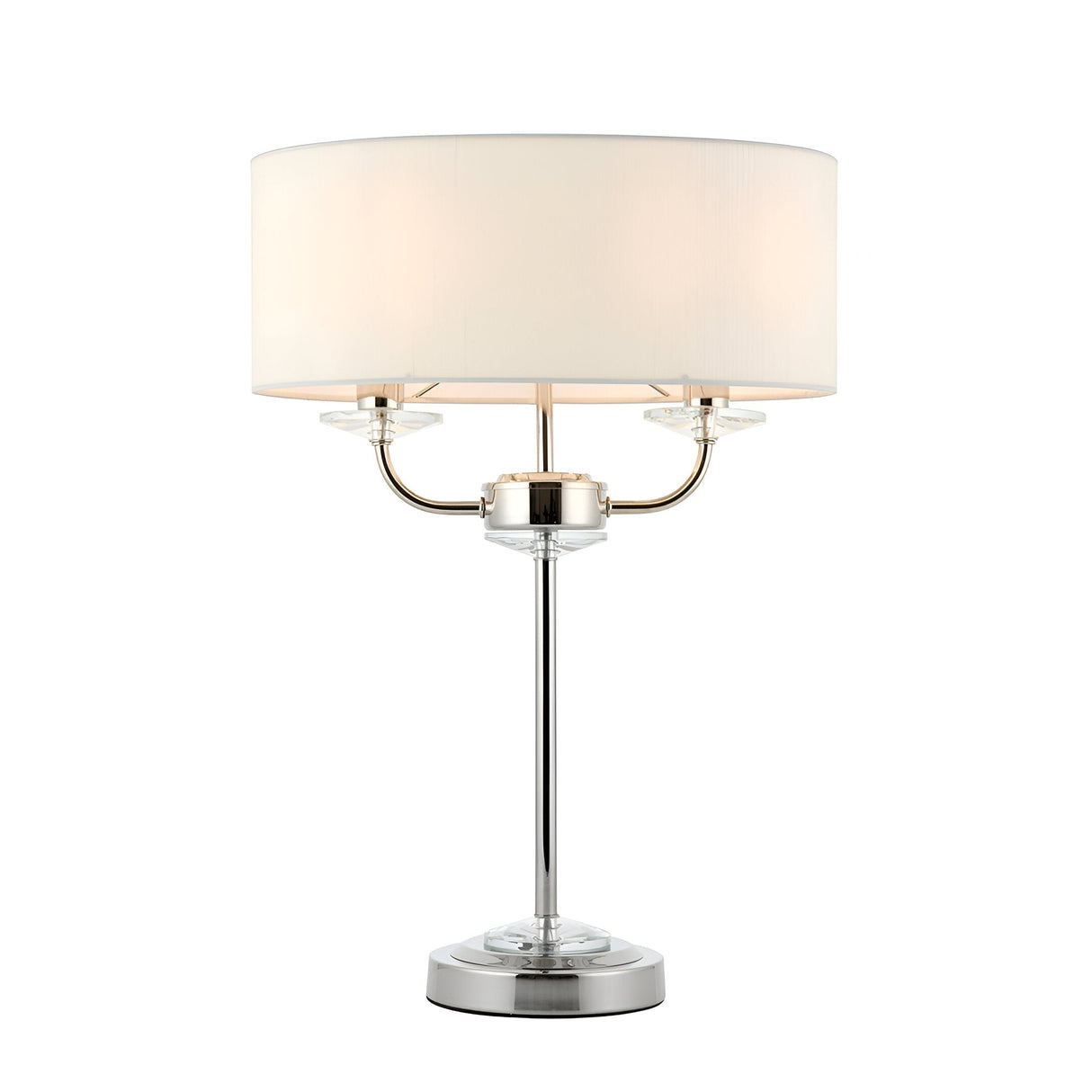 Endon Castdon 2 light table lamp with nickel frame, crystal glass detailing and white drum shade on a plain background.