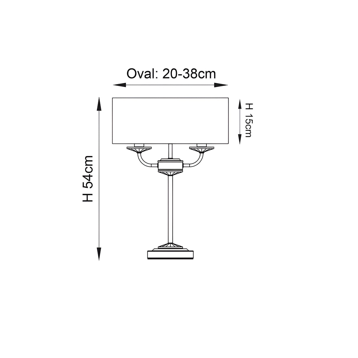 Dimension diagram of the Endon Castdon 2 light table lamp in nickel and white, showing 54cm height, 15cm shade height and 20-38cm oval shade.