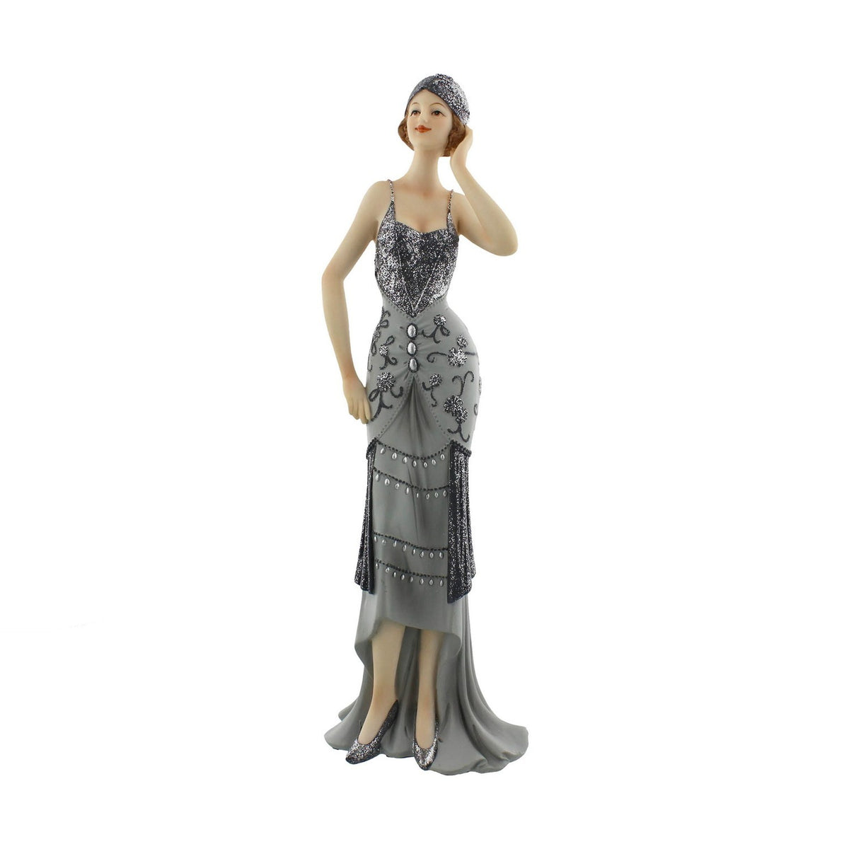 Lavinia Midnight Shimmer handpainted resin figurine of a lady in a grey gown with silver glitter bodice, beaded skirt panels and matching headpiece, on a plain white background.