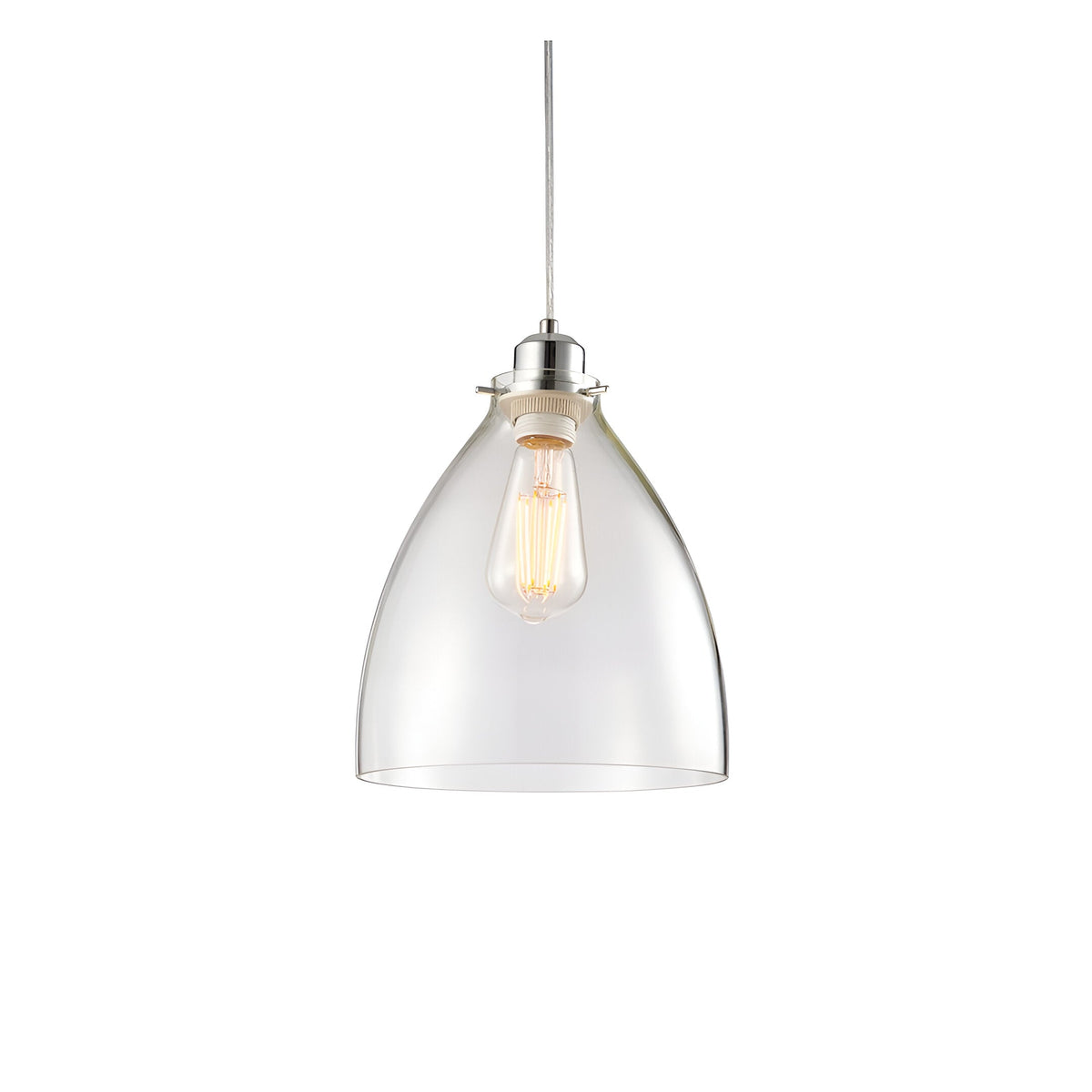 Endon Brackmere pendant light with clear glass bell-shaped shade, polished chrome gimbal and E27 filament bulb, shown on a white background.
