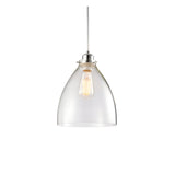 Endon Brackmere pendant light with clear glass bell-shaped shade, polished chrome gimbal and E27 filament bulb, shown on a white background.