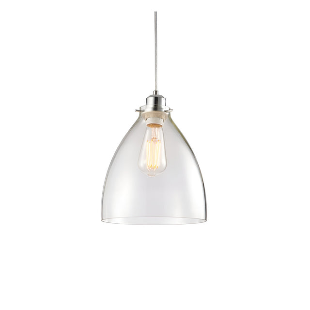 Endon Brackmere pendant light with clear glass bell-shaped shade, polished chrome gimbal and E27 filament bulb, shown on a white background.