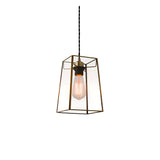 Endon Aldwell pendant light with angular clear glass shade, antique brass trim, and exposed filament bulb on a black twisted cable, white background.