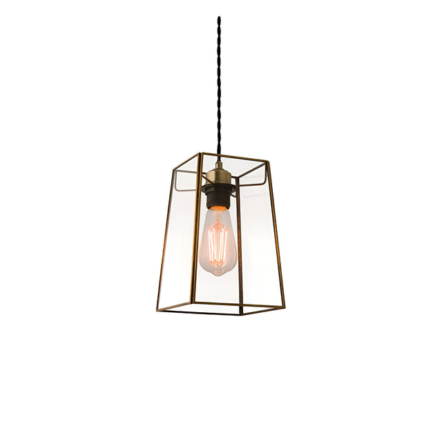 Endon Aldwell pendant light with angular clear glass shade, antique brass trim, and exposed filament bulb on a black twisted cable, white background.