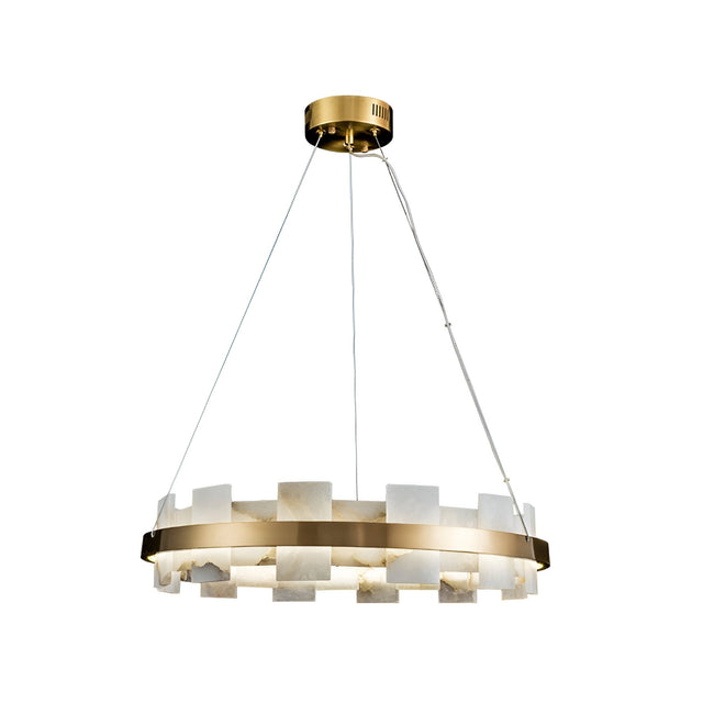 The Montyra LED Small Panelled Alabaster Chandelier in Soft White & Brass features a circular frame with frosted alabaster panels, suspended by three slim cables for a modern look.