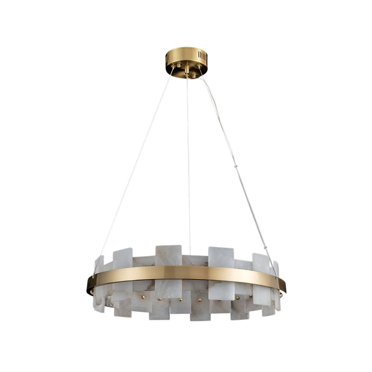 The Montyra LED Small Panelled Alabaster Chandelier in Soft White & Brass features a modern gold circular frame, suspended by three cables, with vertical alabaster panels for a striking contemporary look.